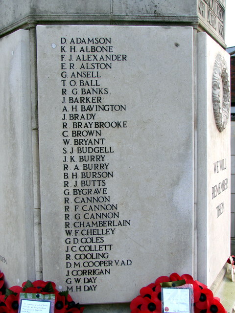 Hitchin War Memorial - World War Two Panel - A to D