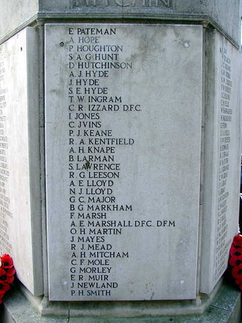 Hitchin War Memorial - World War Two Panel - H to N + Pateman & Smith