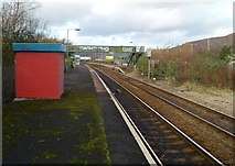 ST1283 : Staggered platforms, Taffs Well railway station by Jaggery