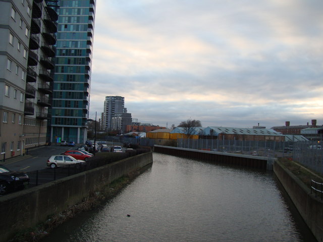 Looking along the Lea Navigation towards Bow from Marshgate Lane