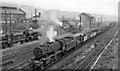 WD 2-8-0 hauling a new Diesel shunter in Up freight passing Balornock Locomotive Depot