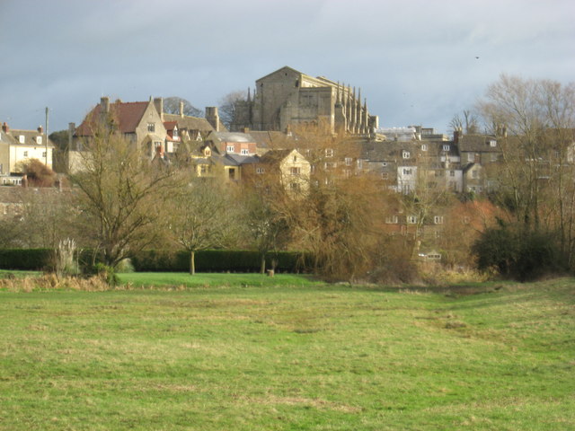 Malmesbury Abbey from the water meadows beside the river Avon