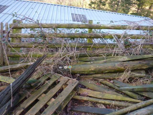 Pile of old wood, includes a footpath signpost