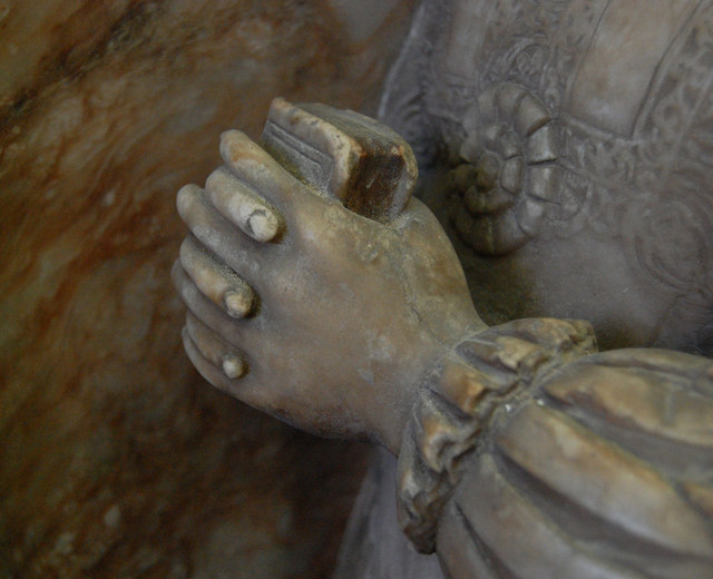 Detail of Mary's hands on Sir Richard Smythe memorial