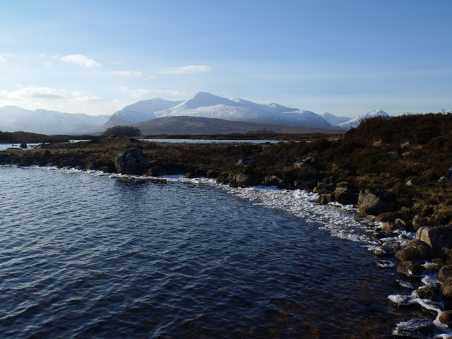 Ice-lined north shore of Loch Ba on Rannoch Moor