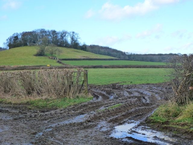 Muddy field entrance, with Willis Hill in the background