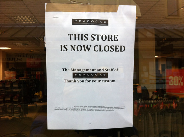 Notice at the closed Peacocks store, Woolshops Shopping Centre, Halifax