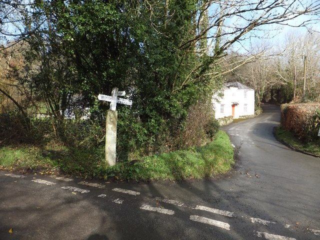 Road junction and unusual signpost at Wenford Bridge