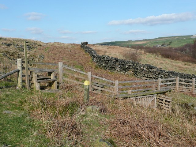 Stile, waymark and fence near Trimming Dale