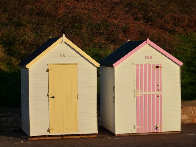 A pair of beach huts at Broadsands beach