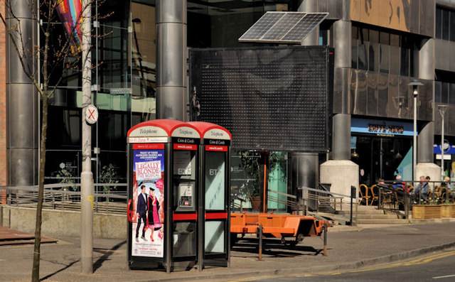 Telephone boxes and solar panel, Belfast