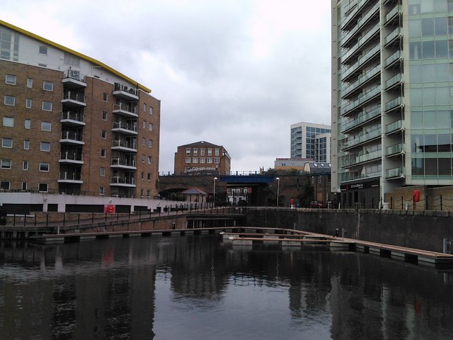 View of the DLR viaduct over the Limehouse Basin