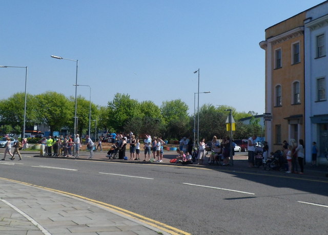 Waiting for the Olympic Torch relay near Octopus Roundabout, Newport
