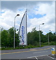 Sail-like name sign at the entrance to Cyfarthfa Retail Park, Merthyr Tydfil