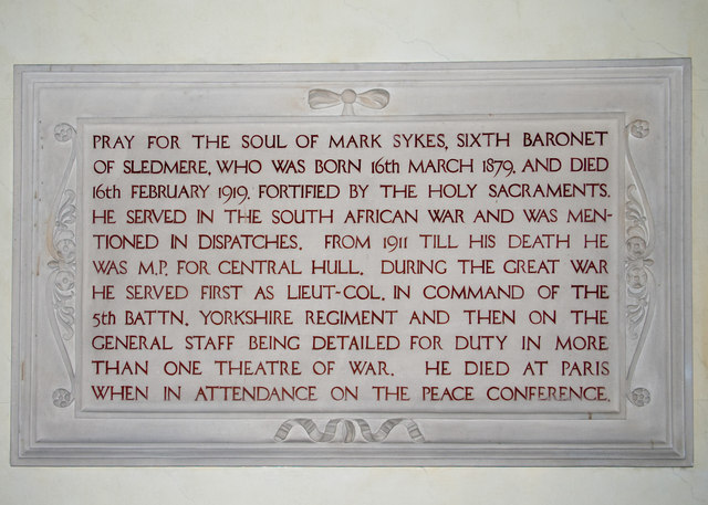 Memorial Tablet to Sir Mark Sykes Bt in Sledmere House Chapel