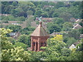 Close up of the spire of the church on Bute Avenue, viewed from Richmond Park