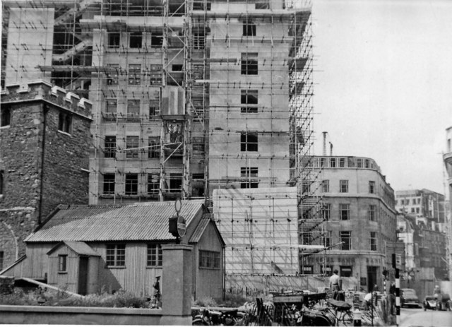 Mark Lane, with new office-blocks dwarfing surviving tower of All Hallows, Staining 1955