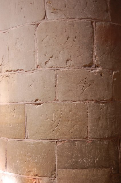 Masons marks on stone pillars, Great Malvern Priory