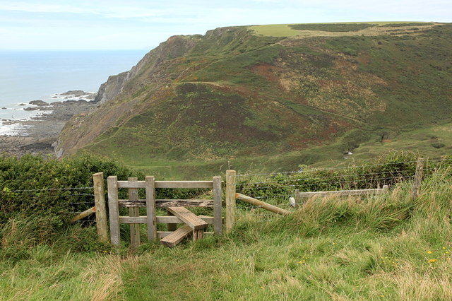 Stile and bench seat above Welcombe Mouth