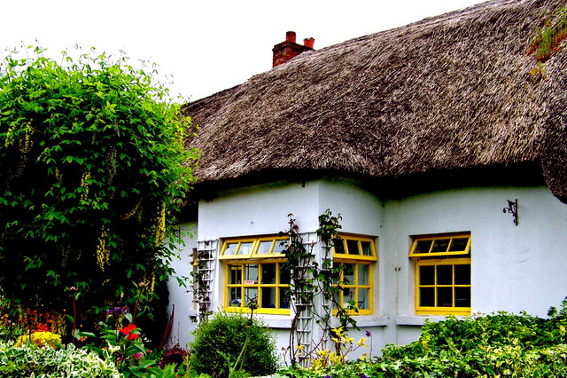 Adare - Main Street (N21) - Thatched-Roof Light Blue & Yellow Cottage Dwelling