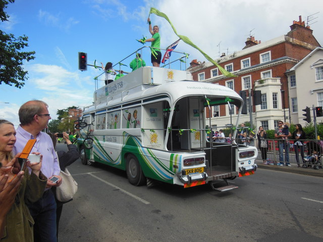 Old bus in Olympic torch relay on Castle Hill, Reading