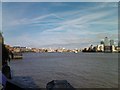 View of Limehouse and Canary Wharf from the riverside terrace of the Prospect of Whitby pub