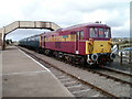 Platform, locomotive and footbridge, Furnace Sidings station, Garn-yr-erw