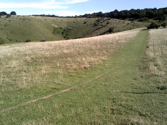 Broad grassy track on the Ridgeway leading to Steps Hill