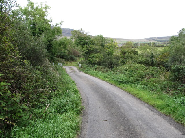 The Ballygoly Road descending towards the bridge over the Big River