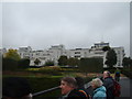 Flats shaped like the side of a ship from the path through Thames Barrier Park #2