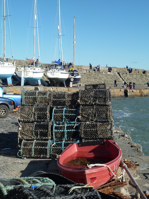 Red boat and lobster pots - New Quay