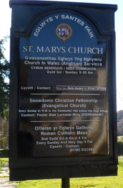 Nameboard, St Mary's Church, Beddgelert