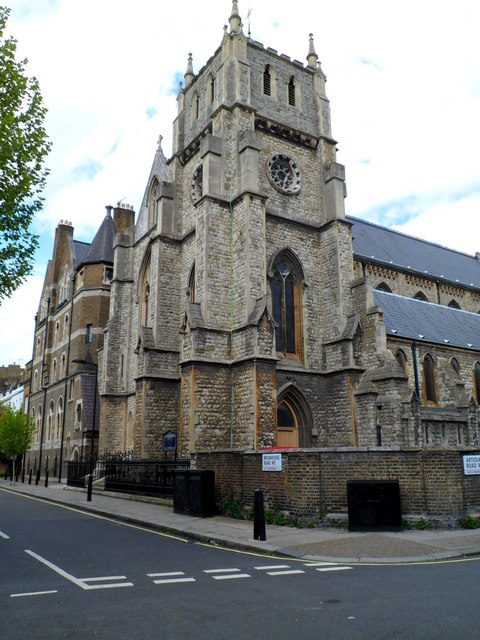 Corner view of St Mary of the Angels Catholic Church, London W2