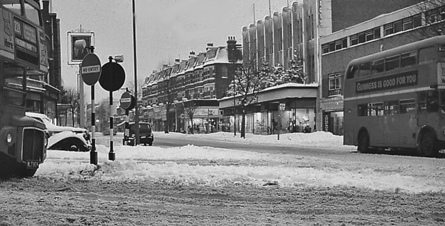 Northward up High Road North Finchley at Tally-Ho Corner, after heavy snowfall, 1962