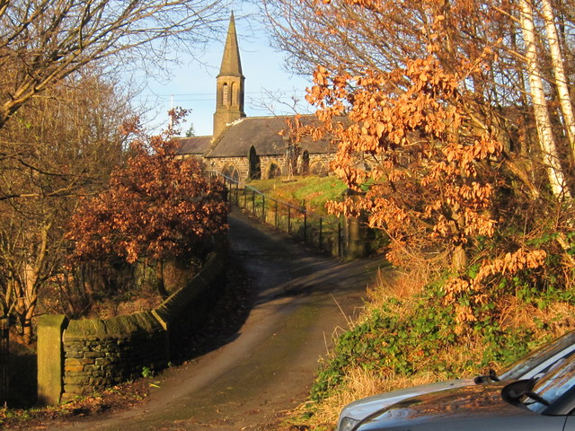 Looking up the driveway to St George Church, Brockholes