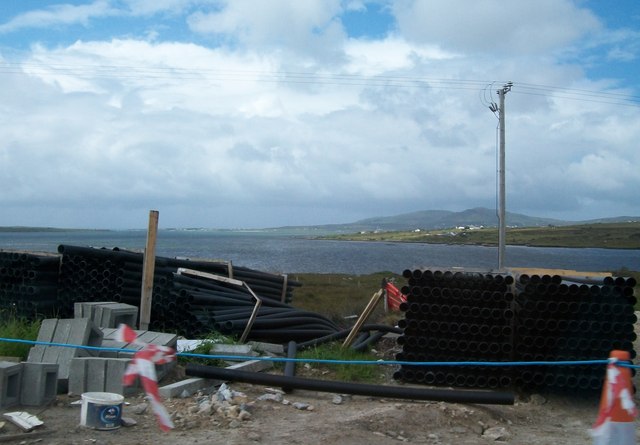Road construction storage yard overlooking Trawenagh Bay