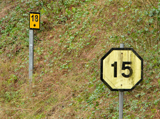 Railway milepost and speed-restriction sign, Antrim