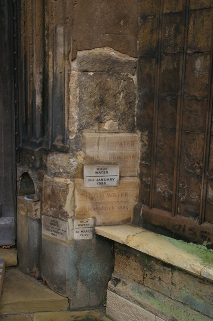 Flood water markers, west door, St Margaret's church, Kings Lynn
