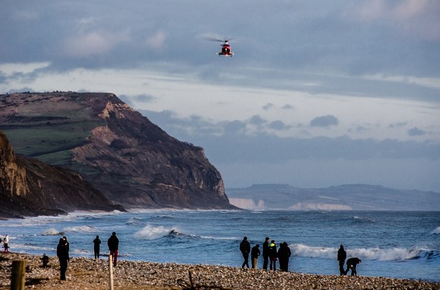Charmouth: Rescue helicopter over the Beach
