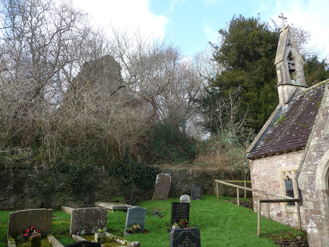 Llanvair Discoed Castle ruins from St. Mary's churchyard