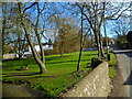 A green with a seat at Monxton seen from the bridge