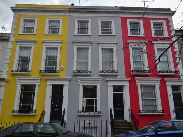 Brightly painted houses, Denbigh Terrace W11