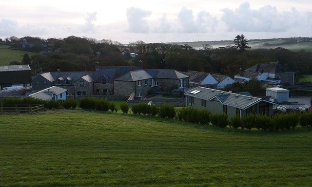 Buildings at Tresprison, Tregarrick Farm and early morning mist