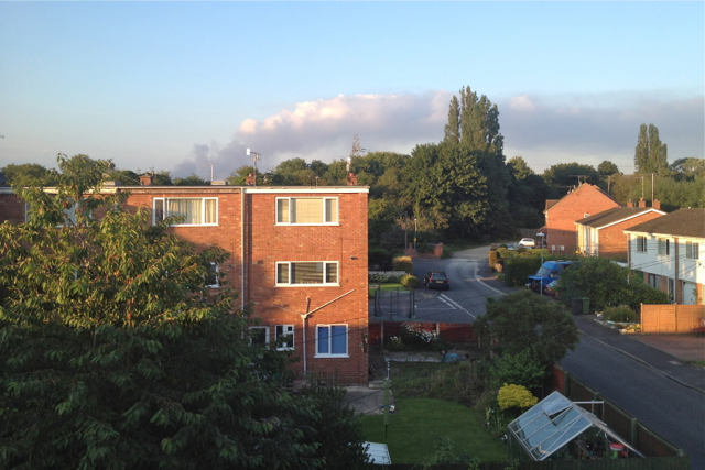 Smoke from a fire near Coventry, seen from Warwick