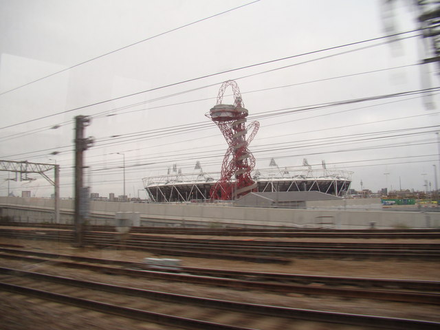 View of the Olympic Stadium and Arcelo-Mittal Orbit sculpture from a DLR train