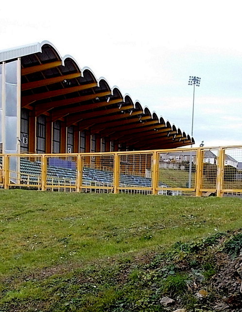 Front of the west stand at Jenner Park Stadium, Barry