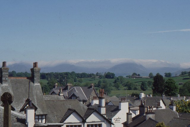 Hawkshead: view of the mountains over rooftops