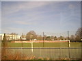 Sports pitches and college from the train, Stroud