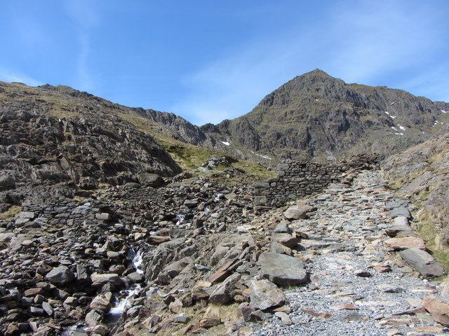 The Miners' Track, ruined mine buildings and Snowdon