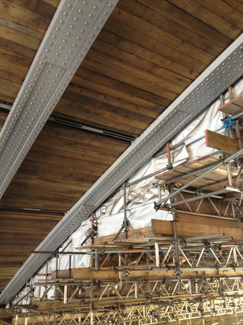 Wooden bridge structure and scaffolding, under Blackfriars Bridge